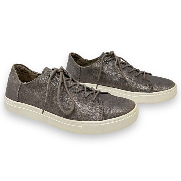 TOMS Lenox Pewter Metallic Leather Casual Lace Up Women's Sneakers Size 8.5 - Picture 1 of 10